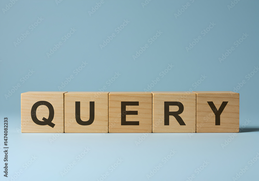 Aufkleber query search concept wooden blocks on blue background for information retrieval and data analysis