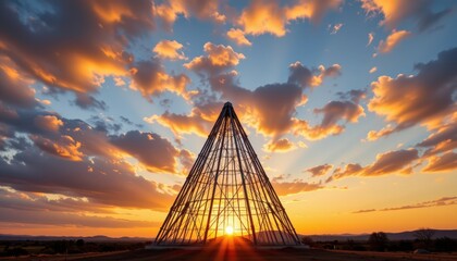 Obraz premium geometric metal pyramid sculpture at sunset under a dramatic sky perfect for art photography, modern branding, and e commerce listings showcasing metal sculptures, pyramids, and dramatic skies