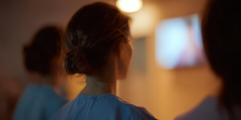 Two nurses in blue uniforms watch screen in dimly lit room