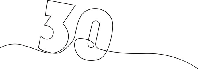 A single line drawing of a thirty symbol. One line icon. Continuous line thirty number icon. Simple black outline of the number 30. Vector illustration.