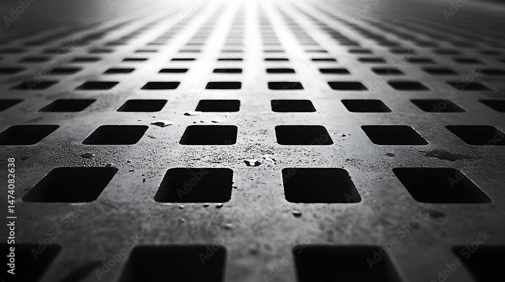 Poster monochrome metal grid with repetitive pattern and depth of field effect