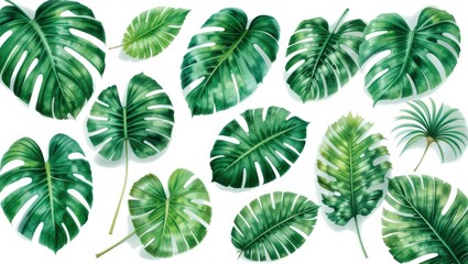 Obraz premium Various Green Monstera Leaves Arranged Aesthetically on a White Background for Creative Design