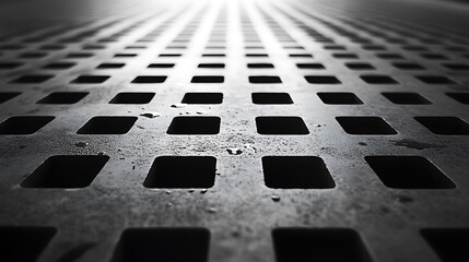 Monochrome metal grid with repetitive pattern and depth of field effect