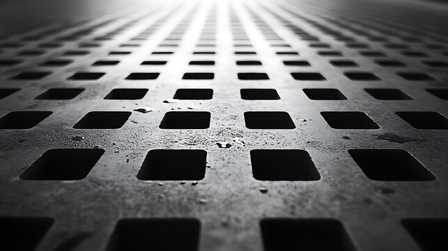 Monochrome metal grid with repetitive pattern and depth of field effect