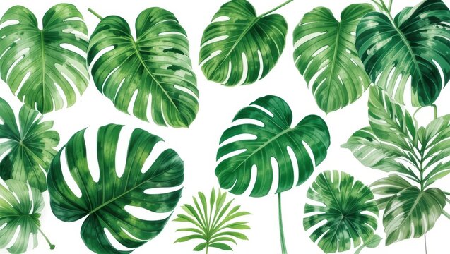 Various Green Tropical Leaves Arranged in a Beautiful Watercolor Style on a White Background