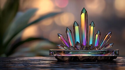 Obraz premium Irridescent crystal cluster on dark wooden surface. Bokeh background