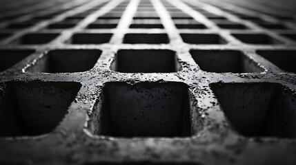 Perspective view of an industrial concrete square grid drain casting shadows