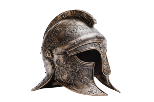Ancient battle helmet of a noble knight with elegant carvings isolated on transparent Background