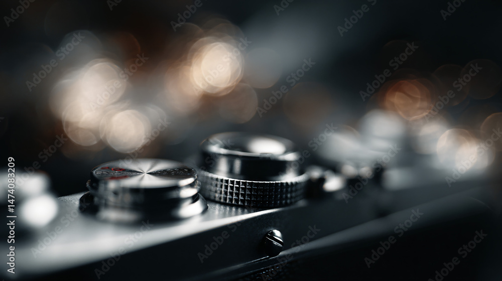 Poster close-up macro shot of retro-style camera controls. silver camera controls in soft focus.
