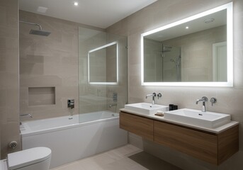 Modern bathroom interior featuring a bathtub, glass shower screen, and double vanity with illuminated mirrors