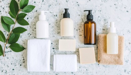 Natural skincare products arrangement minimalist spa setting flat lay composition calm environment aesthetic viewpoint