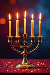 Fototapeta premium Golden menorah with two burning candles, colorful background , December, bright, Jewish