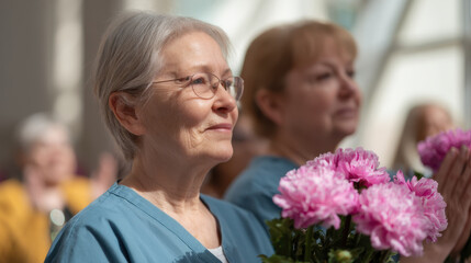 Obraz premium Senior nurses being honored with flowers, showing appreciation and gratitude