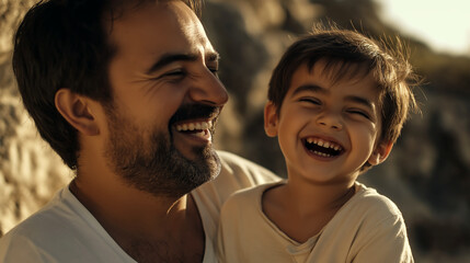 Obraz premium Joyful moments between father and son at sunset by the shore