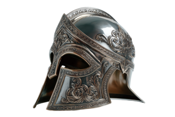 Ancient battle helmet of a noble knight with elegant carvings isolated on transparent Background