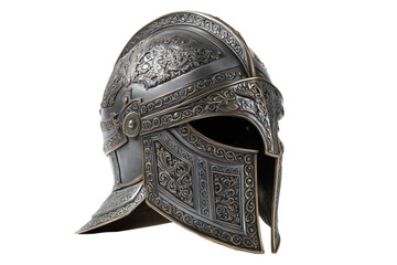 Ancient battle helmet of a noble knight with elegant carvings isolated on transparent Background