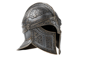 Ancient battle helmet of a noble knight with elegant carvings isolated on transparent Background