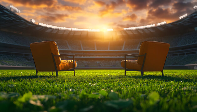 Sports podcast setup in football stadium with chairs and microphones