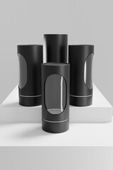 luxury black cardboard tube packaging, Black cylindrical paper tube with clear window, Twist up Paper Tube mockup, round-shape paperboard tin can container, elegant round box dicut window mockup