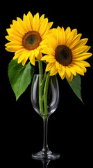 Obraz premium Two vibrant yellow sunflowers, with textured brown centers and green leaves, are elegantly displayed in a tall, clear glass on a sleek black reflective surface.