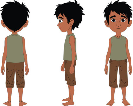 Cartoon Boy Character Design Turnaround – Front, Side, and Back View Vector Illustration
