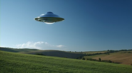 A silver UFO is flying over a grassy field. The sky is clear and blue, and the grass is lush