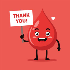 “Cute Blood Drop Cartoon Character Holding Thank You Sign – Blood Donation Awareness Illustration”