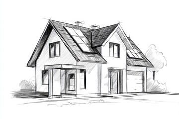 Sketch of modern house with solar panels