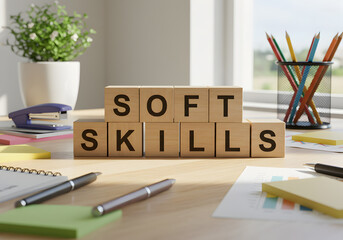 Soft skills development concept for career growth and professional success with wooden blocks and office supplies