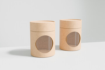 eco-freindly cylindrical paper packaging with clear window, brown craft paper gift box with window display, luxury corrugated paperboard packaging, small size kraft paper bottle tube mockup
