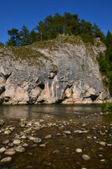 Rock formations in the Nature reserve of the Bialka River Gorge, Podhale, Poland.  Białka mountain river running through southern Poland, a tributary of the Dunajec River