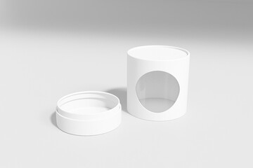 Short paper tube packaging with clear pvc window mockup, luxury round gift box with window display, cylindrical paper tube container, white paperboard tube packaging, tin can paper food packaging