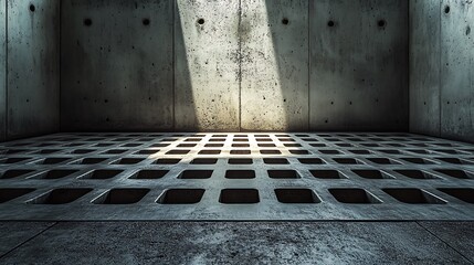 Concrete chamber with geometric floor grate and single shaft of illumination