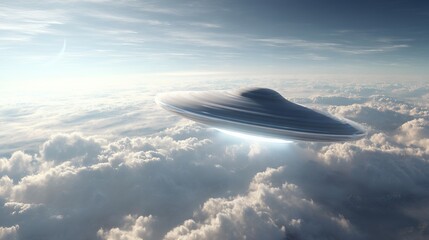 A UFO is flying through the sky above a cloudy day. The sky is filled with clouds