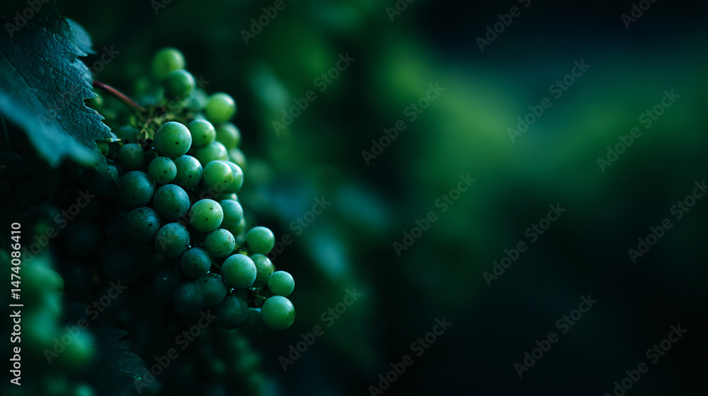 Poster close-up of a green grape cluster on a vine in the vineyard.