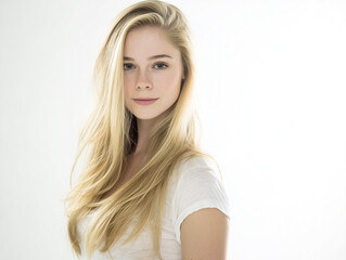 Naklejka premium Isolated blonde woman with long flowing hair, clean white background, natural soft lighting, smooth skin texture, casual standing pose, high realism photo feel,