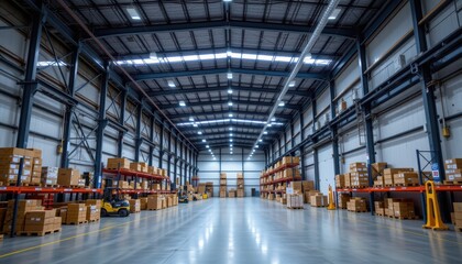Fototapeta premium warehouse interior with led lighting showcasing industry building, distribution retail center part of storage and shipping system for business branding and commercial use in industrial settings