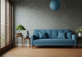 Living room interior with a blue sofa, wooden floor, bonsai tree, and a blue paper lantern hanging from the ceiling