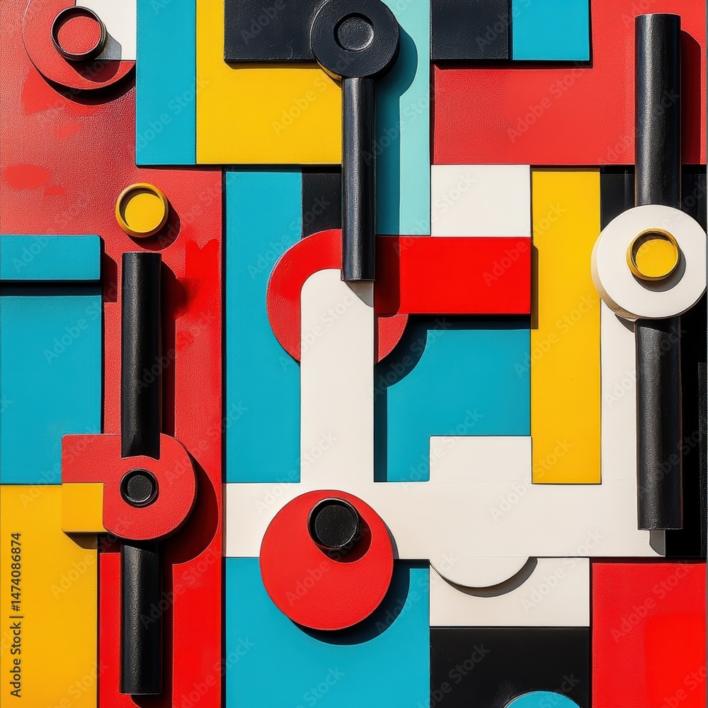 Poster bold geometric composition showcasing a playful interaction of primary colors and contrasting shapes