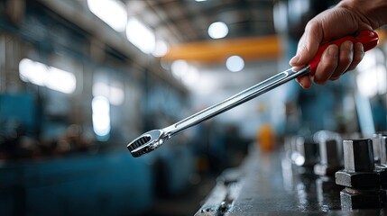 A stainless steel spanner set being used by a mechanic to tighten a bolt, with an industrial machine in the background