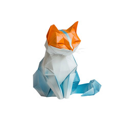 Origami Cat Blue, White, and Orange Folded Paper Animal Sculpture
