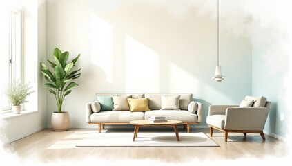 Sunny modern living room with scandinavian design featuring cozy sofa and greenery