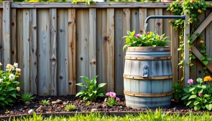 garden rainwater harvesting system with barrel ecological concept for plant watering sustainability design environmental branding and outdoor lifestyle content