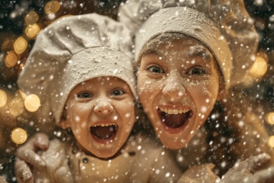 A laughing mother and her tiny daughter are shown baking together in a heartwarming portrait