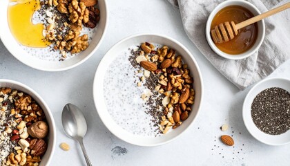 Healthy breakfast bowl preparation home kitchen food photography modern environment overhead view nutritious concept