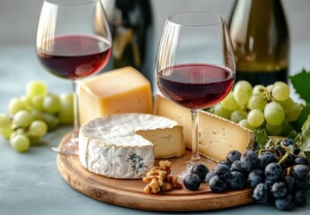 Elegant wine and cheese pairing on a wooden board, featuring a variety of cheeses, red wine, grapes, and walnuts, perfect for gatherings and celebrations.