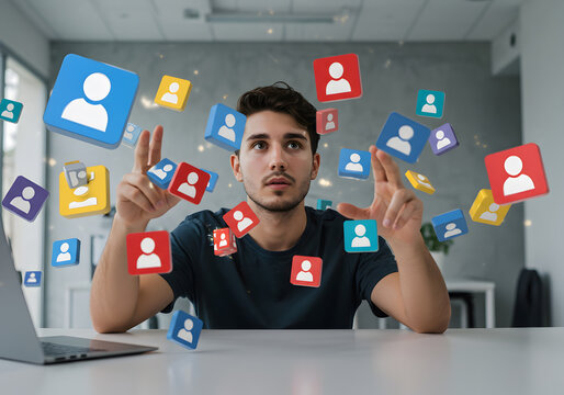 Man social media marketing online networking connection digital communication engagement strategy content creator - Powered by Adobe