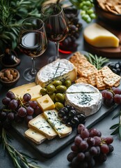 Elegant Wine and Cheese Platter with Delicate Grapes, Crackers, and Green Olives on Stone Board, Perfect for Gatherings and Celebrations