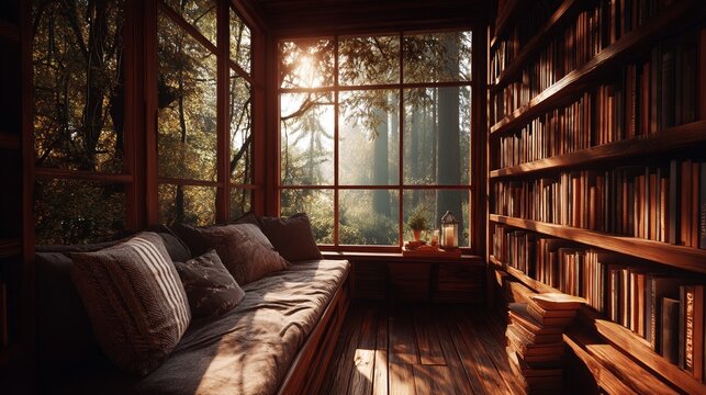 A home office library with a scenic backdrop of trees and hills is set against a cozy room with rustic wood bookshelves and a window view, ideal for virtual online presentation teams meeting rooms