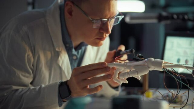 A scientist with glasses examines a robotic hand in a modern lab. Wires and components surround him as he fine-tunes the gadget, showcasing the intricate work involved in robotics development